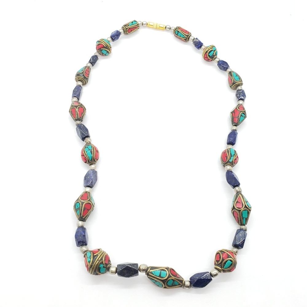 thnic Coral & Trqurousie Inlaid Beaded Necklace